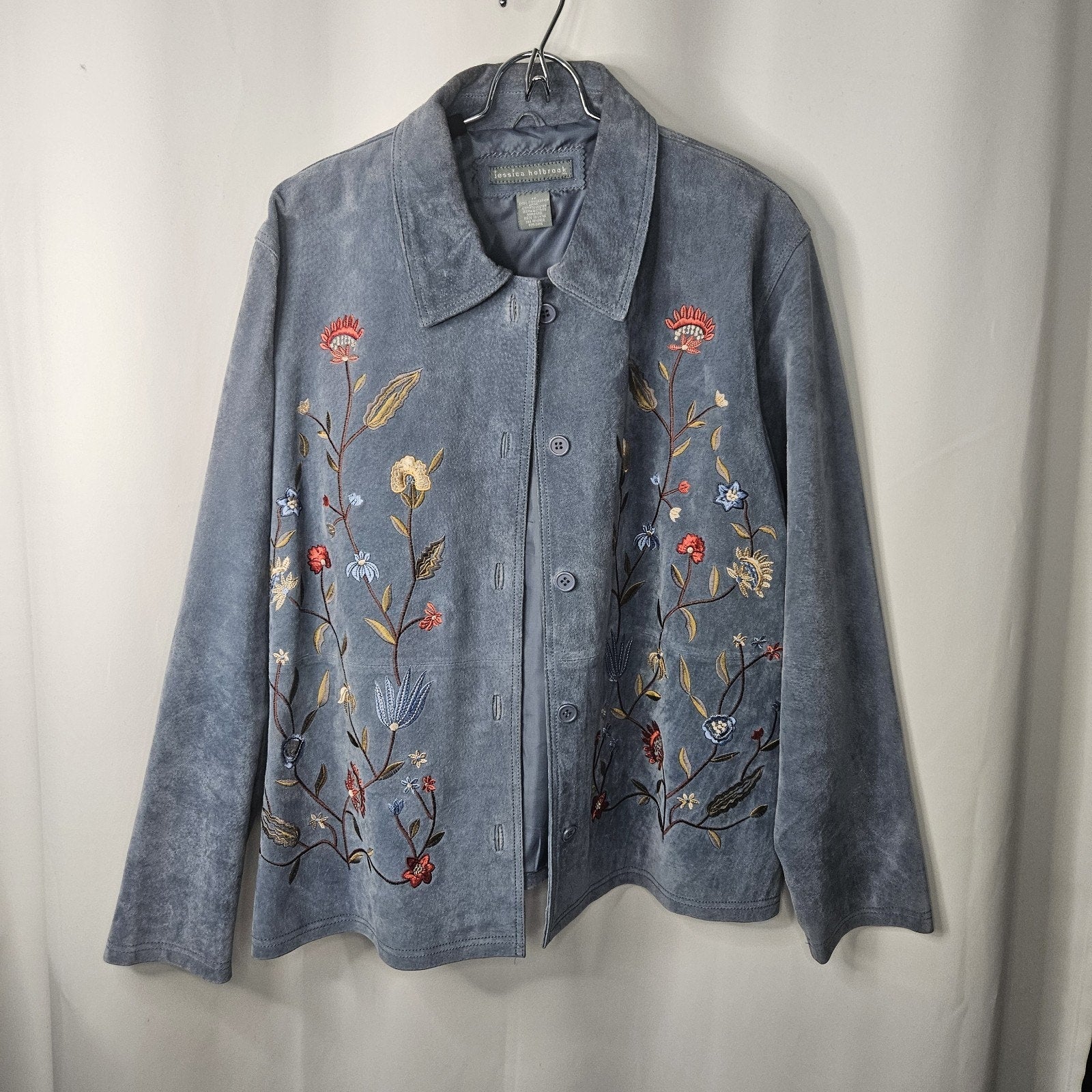 Jessica Holbrook Jacket Womens 1X Blue Suede Leather Floral Embroidered Artsy