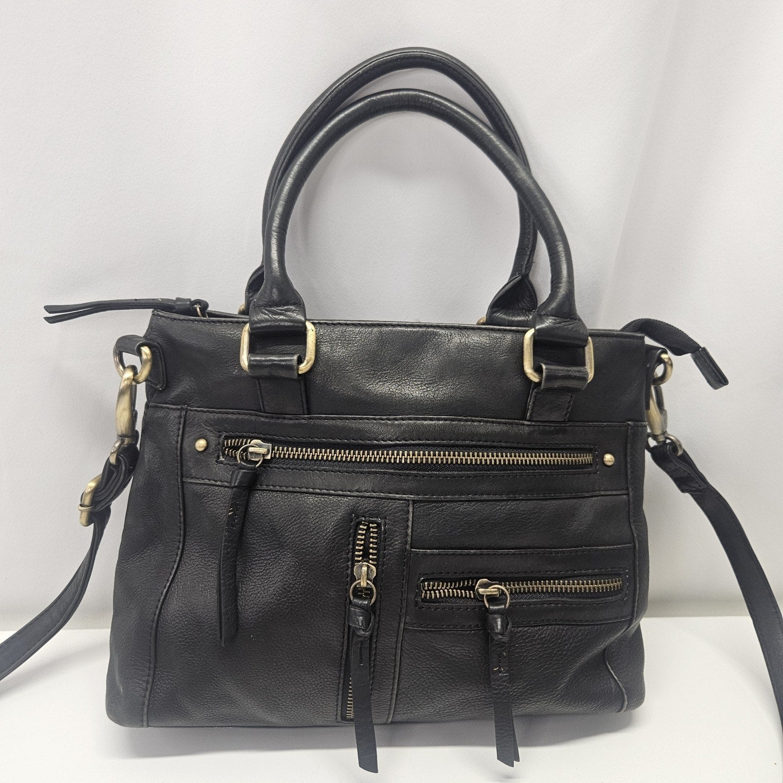 Vtg Y2K Black Soft Leather Crossbody Shoulder Bag Zipper Compartments Top Handle