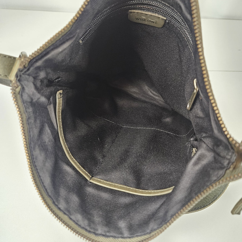 Wise Owl Genuine Leather Crossbody Handbag Purse Olive Green Boho Western