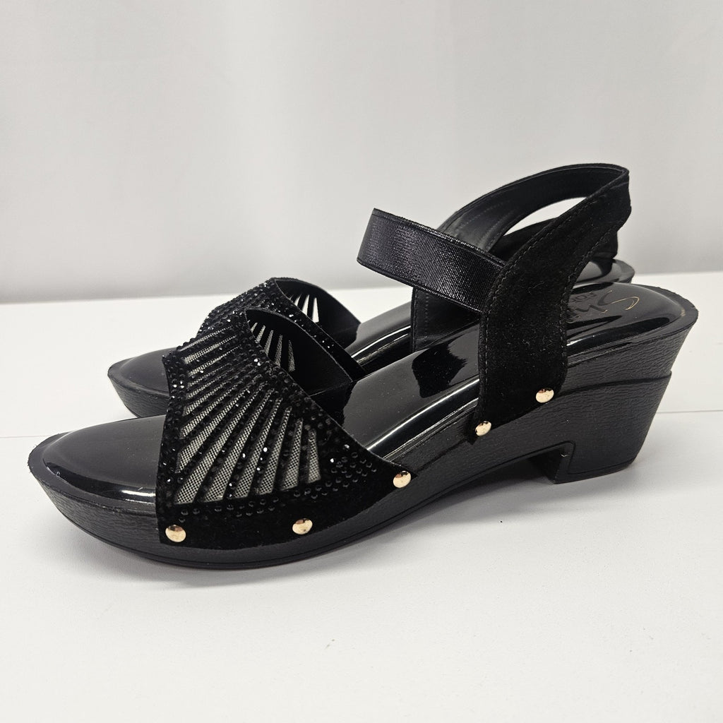 Shilip Footwear Low Platform Wedge Studded Sandals Black Rhinestones Sz 8.5M