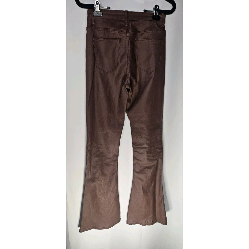 Edikted Women's Brown Shiny Denim Pant Flared Jeans High Rise Small Y2K Stretch