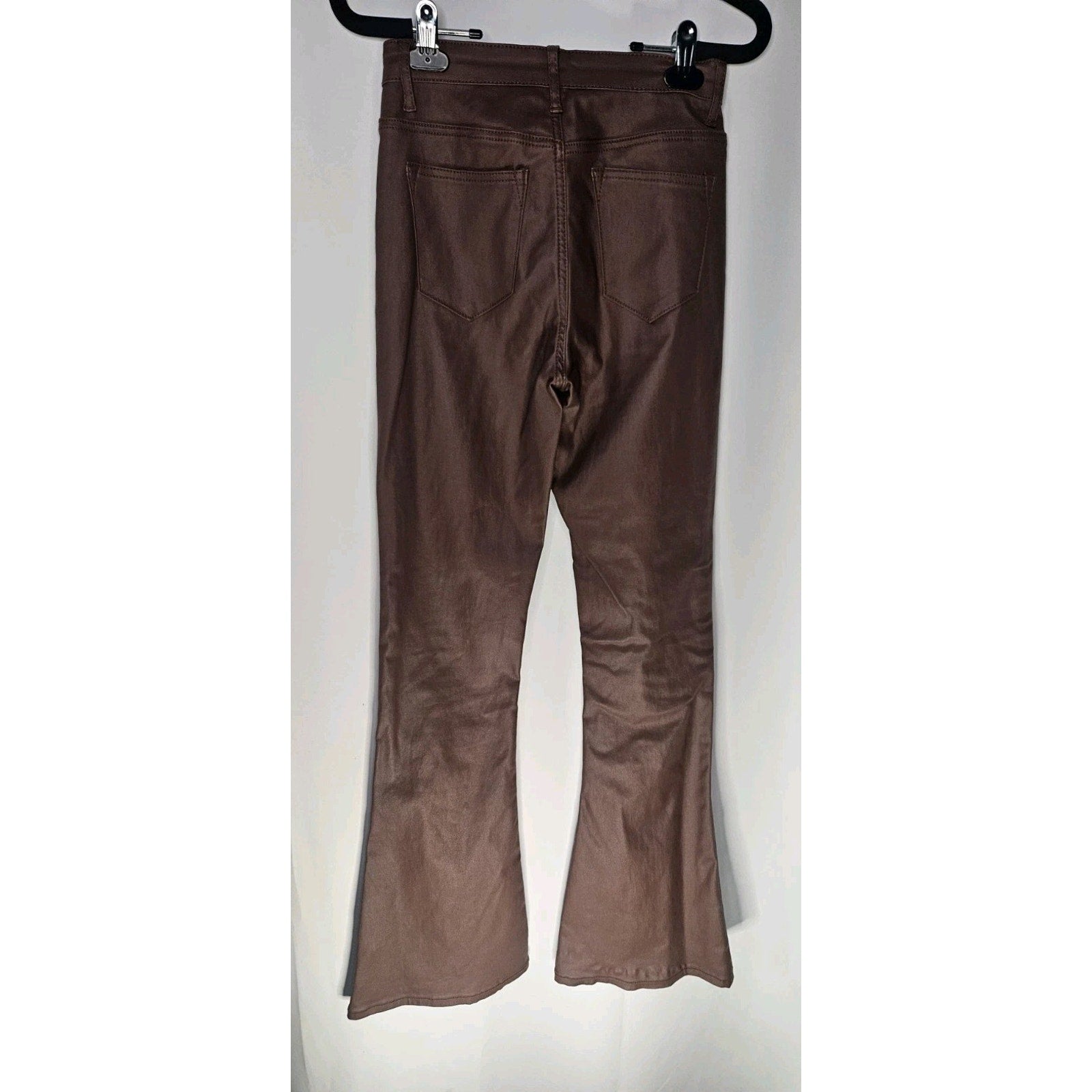 Edikted Women's Brown Shiny Denim Pant Flared Jeans High Rise Small Y2K Stretch