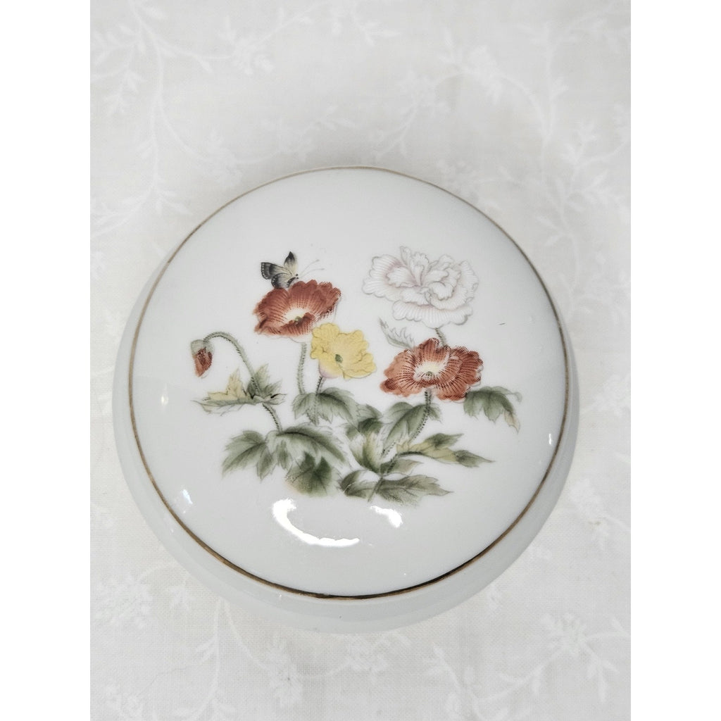 Takahashi San Francisco Floral Ceramic Covered Trinket Jewelry Box w/Gold Trim