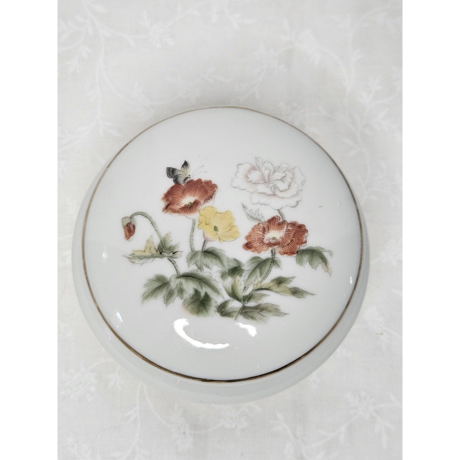Takahashi San Francisco Floral Ceramic Covered Trinket Jewelry Box w/Gold Trim