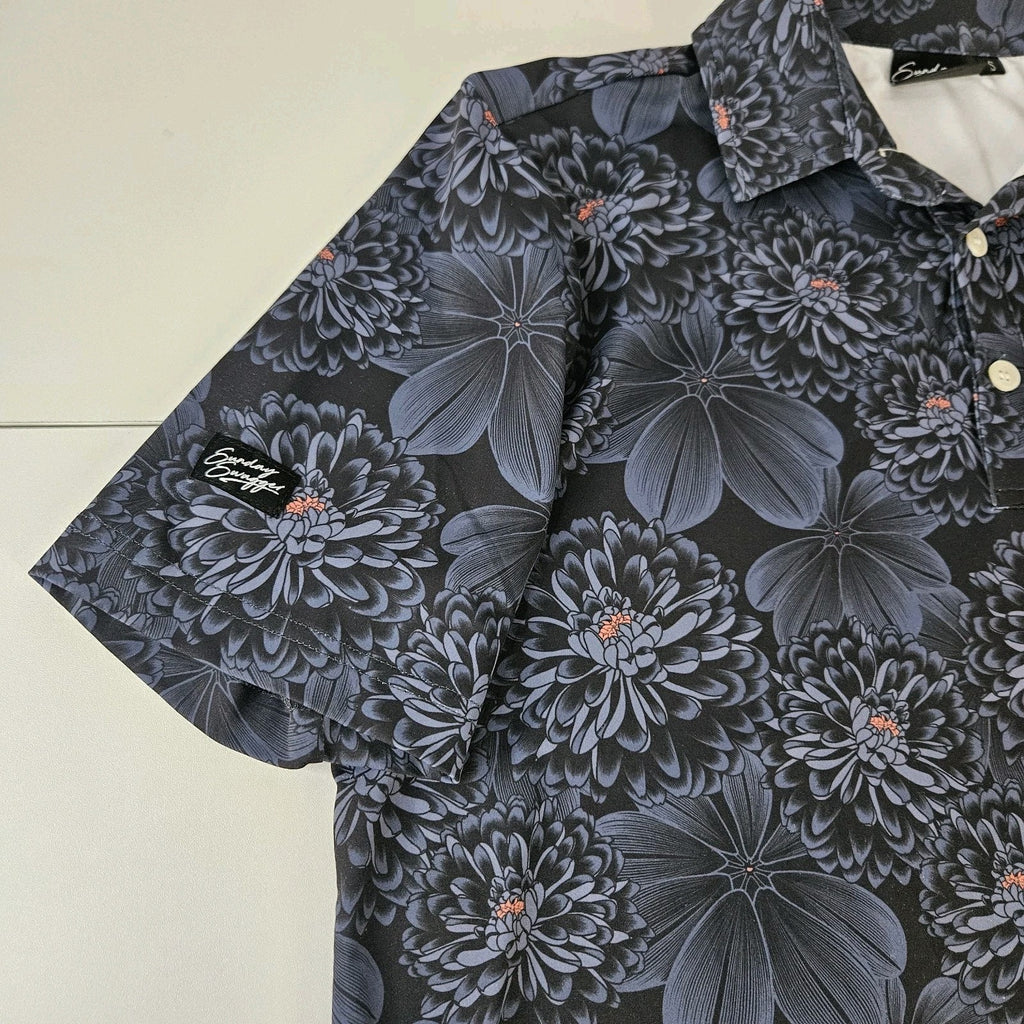 Sunday Swagger Polo Shirt Mens Small Black Floral AOP Stretch Performance Golf
