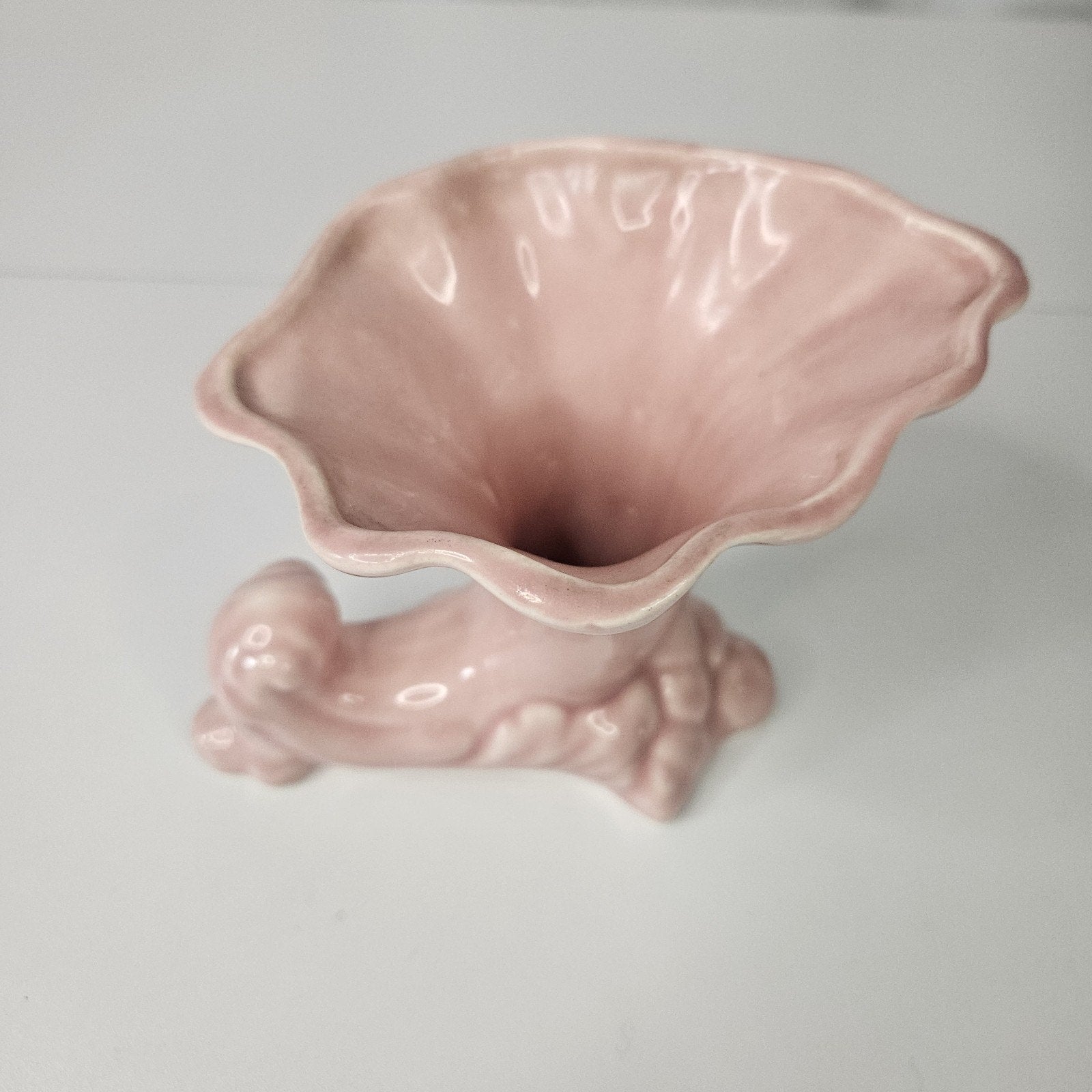 Vintage 50's Pink Pottery Cornucopia Flower Vase Mid-Century Cottage Planter