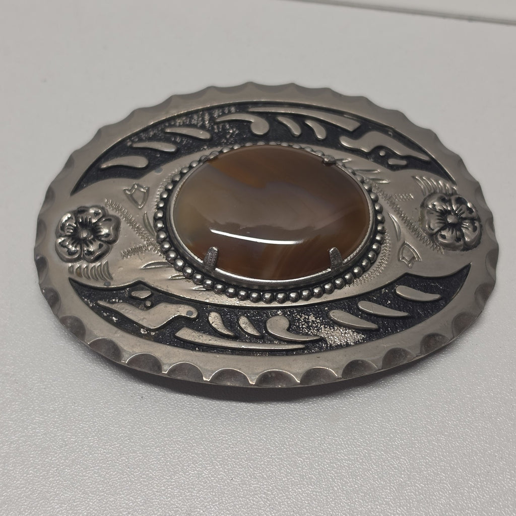 Vintage Western Belt Buckle Oval Silver Tone Brown Agate Stone Cowboy Equestrian