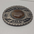 Vintage Western Belt Buckle Oval Silver Tone Brown Agate Stone Cowboy Equestrian