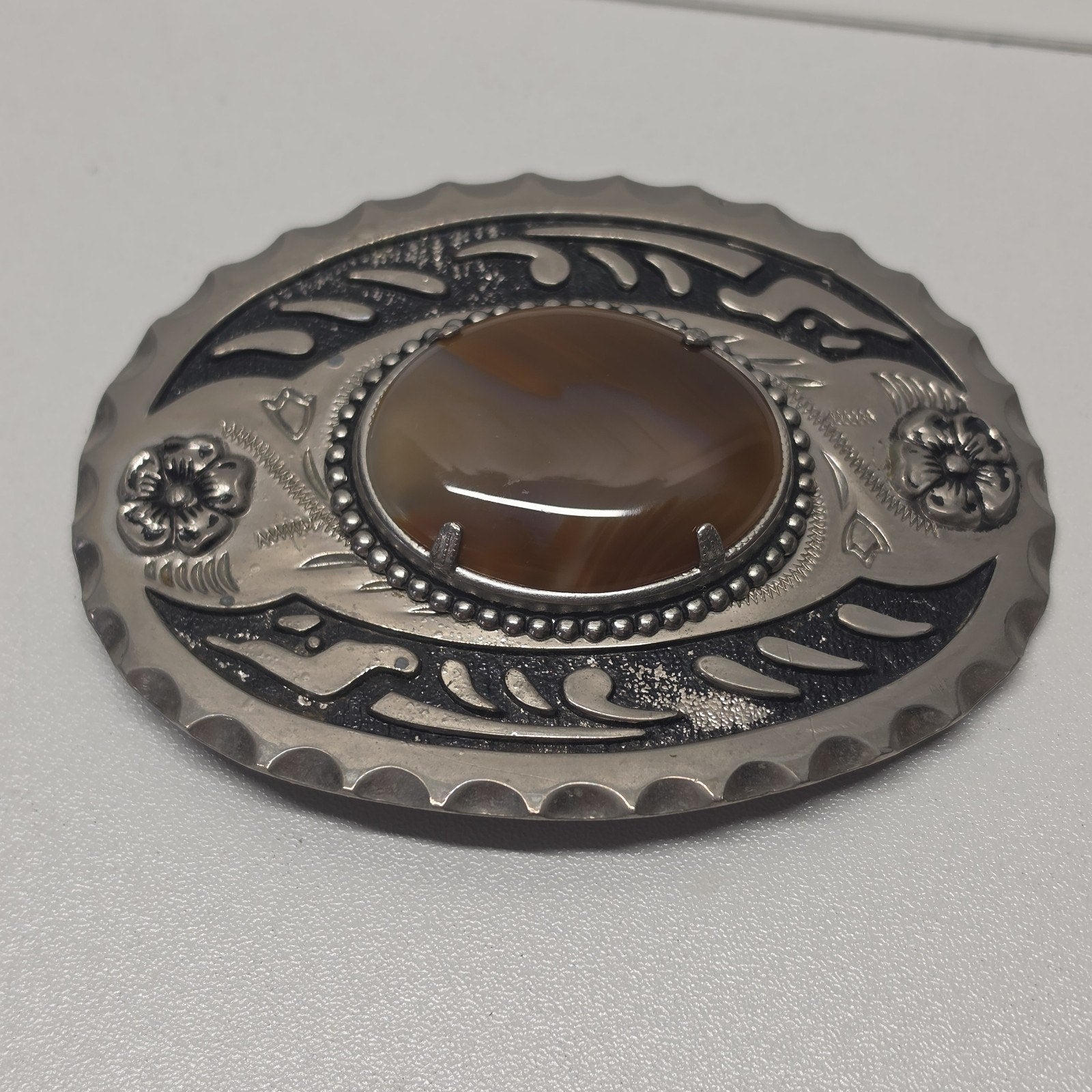 Vintage Western Belt Buckle Oval Silver Tone Brown Agate Stone Cowboy Equestrian