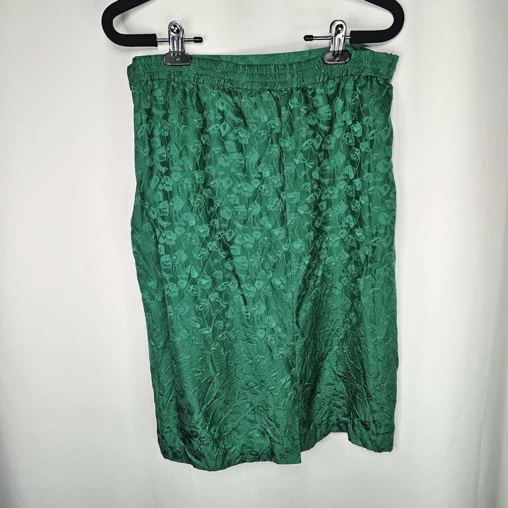Vintage Patrick 100% Silk Pencil Skirt Emerald Green Floral Midi Retro Sz 6