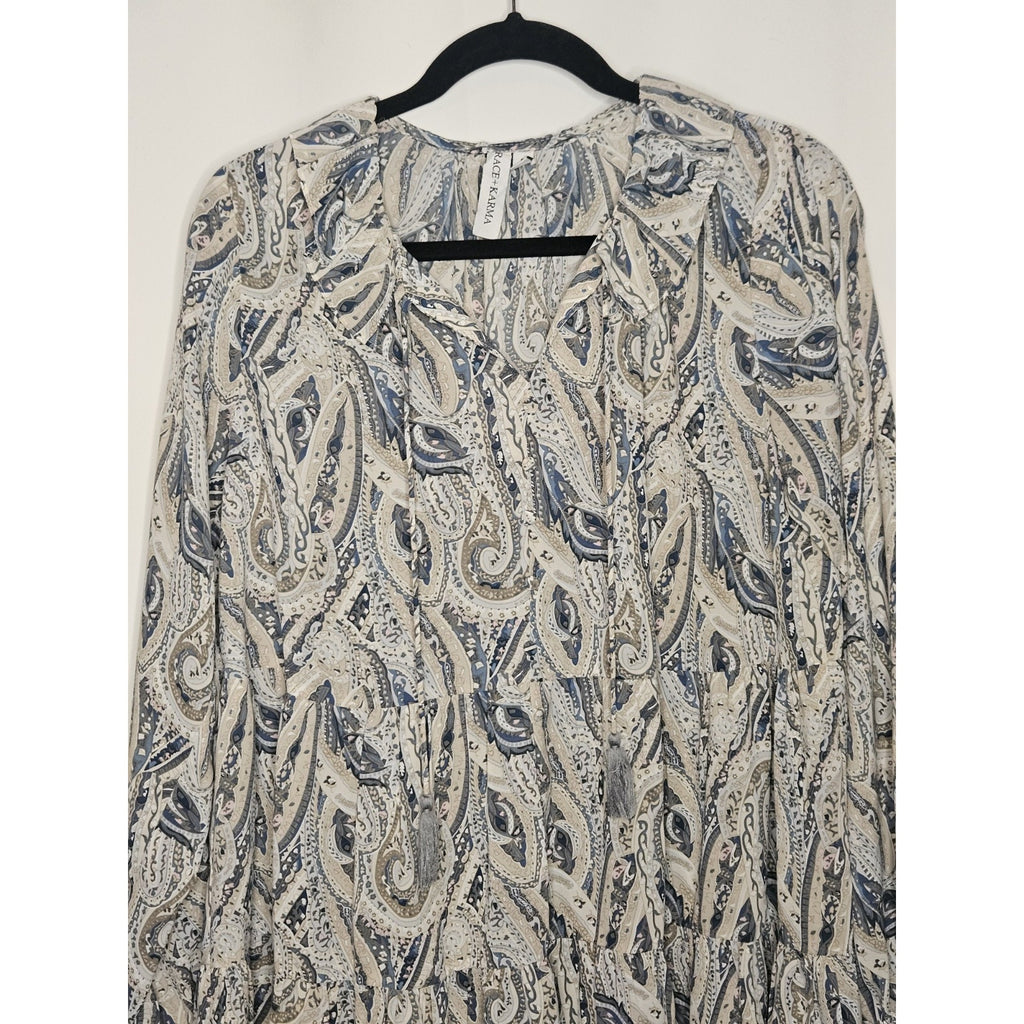 Grace + Karma Shift Dress Womens Small Paisley Ruffle Tassel Tie Long Sleeve