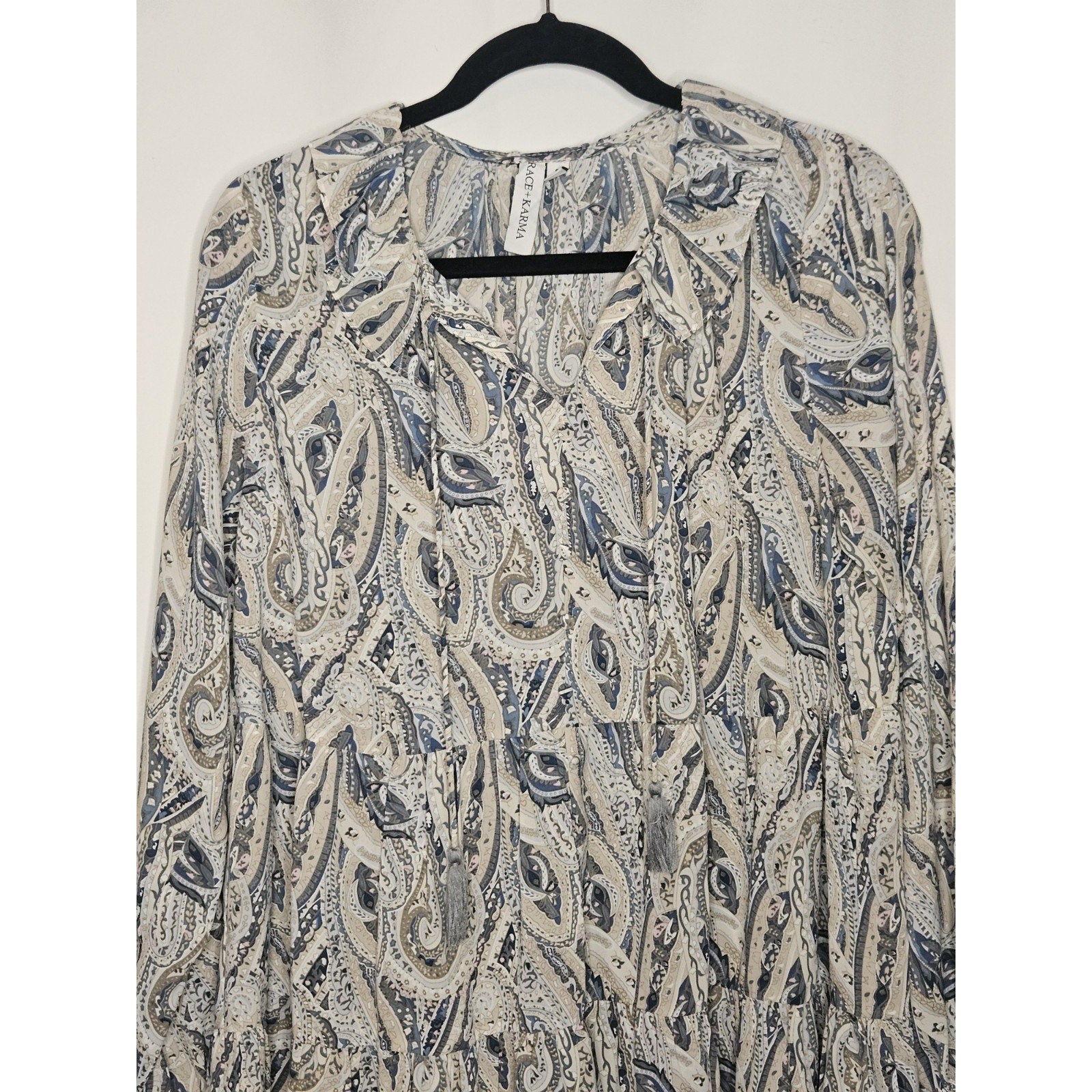 Grace + Karma Shift Dress Womens Small Paisley Ruffle Tassel Tie Long Sleeve