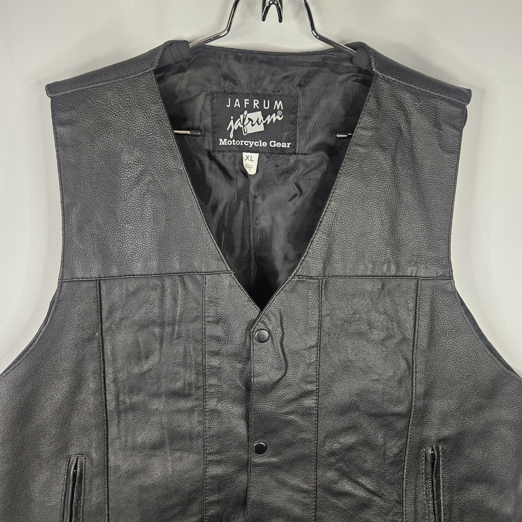Jafrum Motorcycle Biker Black Leather Vest Side Laces Mens XL Inner Zip Pockets