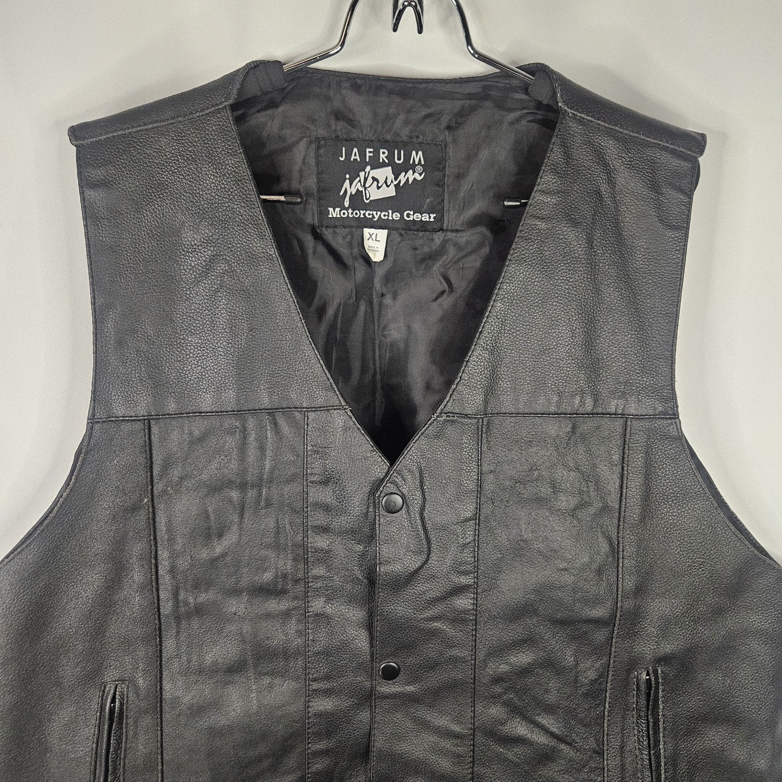 Jafrum Motorcycle Biker Black Leather Vest Side Laces Mens XL Inner Zip Pockets