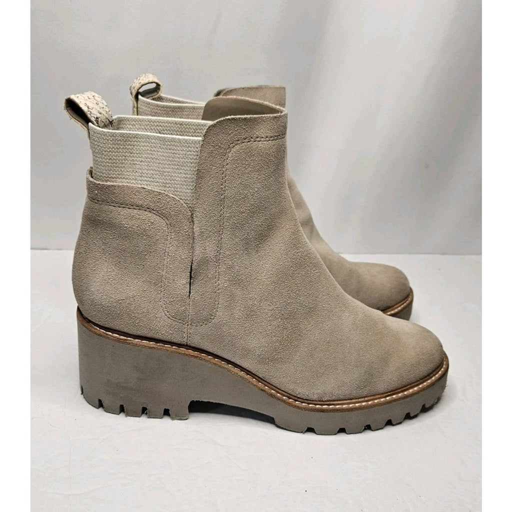 Dolce Vita Womens Boots 9.5 M Beige Suede Ankle Booties Chunky Heel Pull On