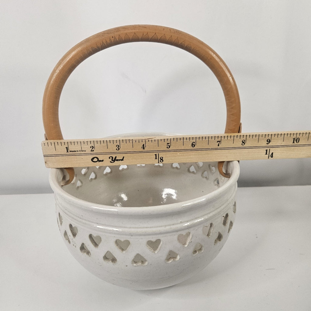 Vtg Heart Pottery Basket Wood Handle Wrapped 5" Ceramic Bowl Trinket Decorative