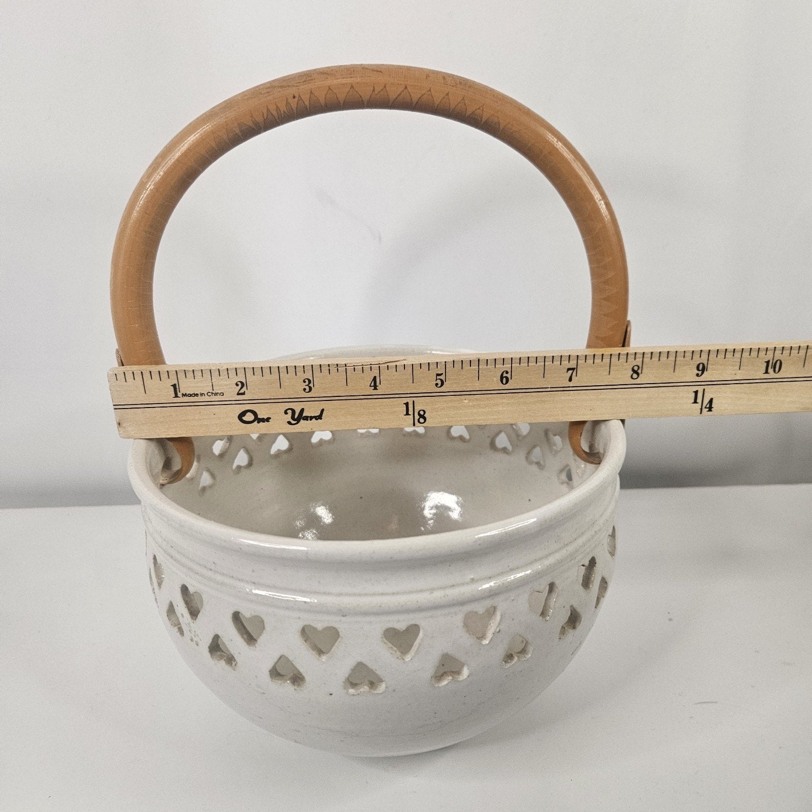 Vtg Heart Pottery Basket Wood Handle Wrapped 5" Ceramic Bowl Trinket Decorative
