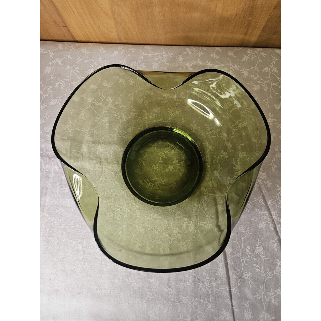 Vintage Anchor Hocking Glass Chip & Dip Bowl Set Green Glass RETRO 9.5" & 5"