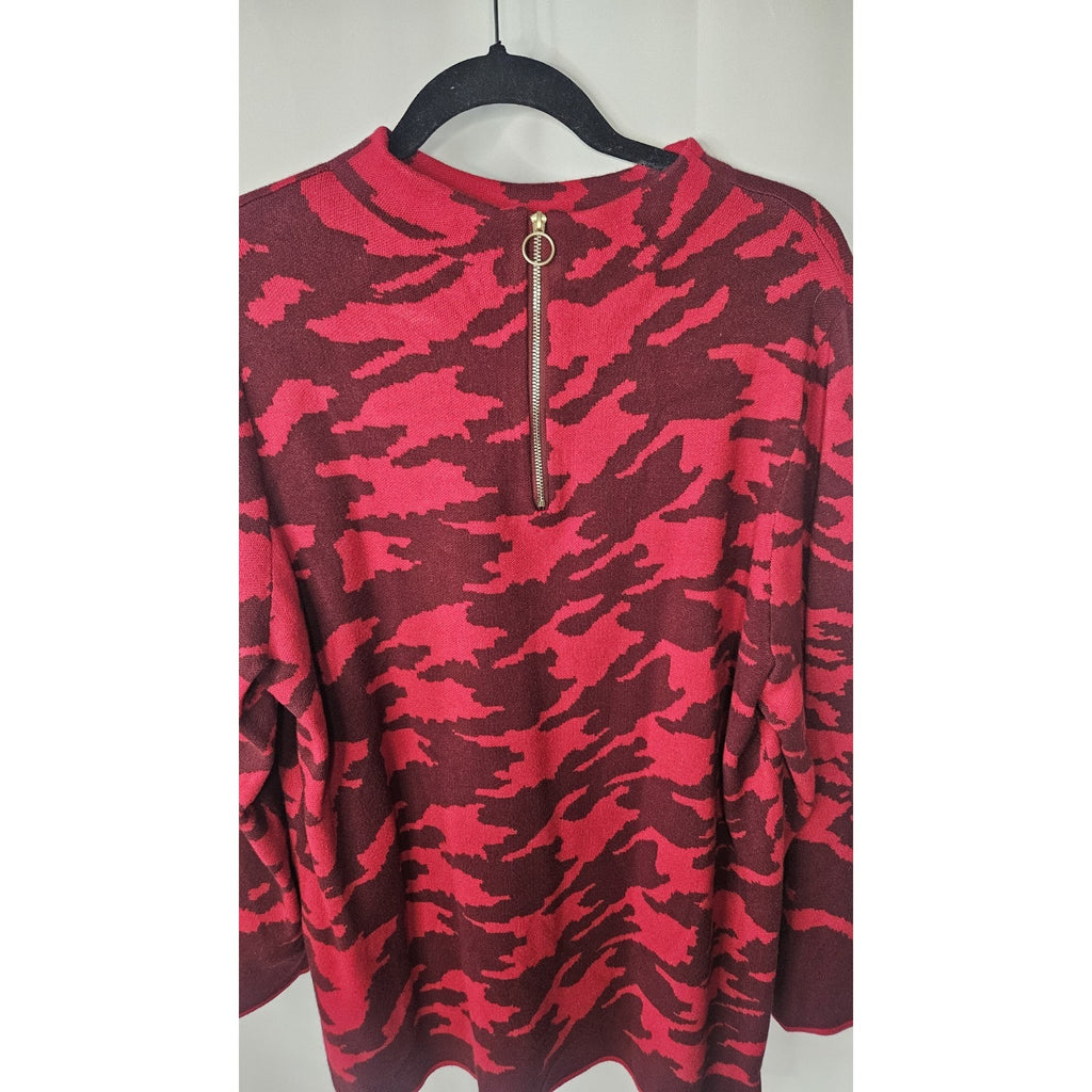 Chico’s Zip Back Mock Neck Red Knit Sweater Classic Fit 3/4 Sleeves Size 3 XL