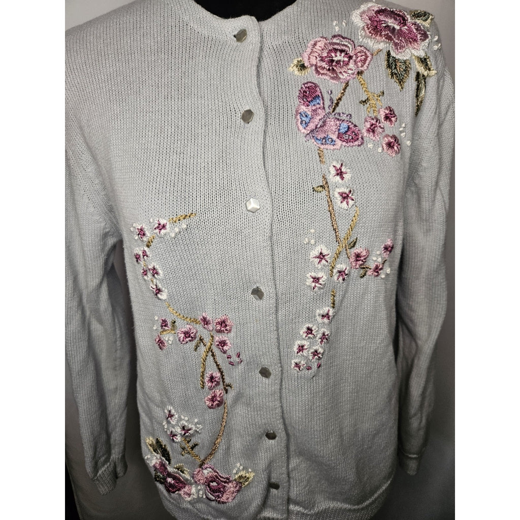 Vtg Heirloom Collectibles Embroidered Floral Cardigan Sweater Medium Cottage