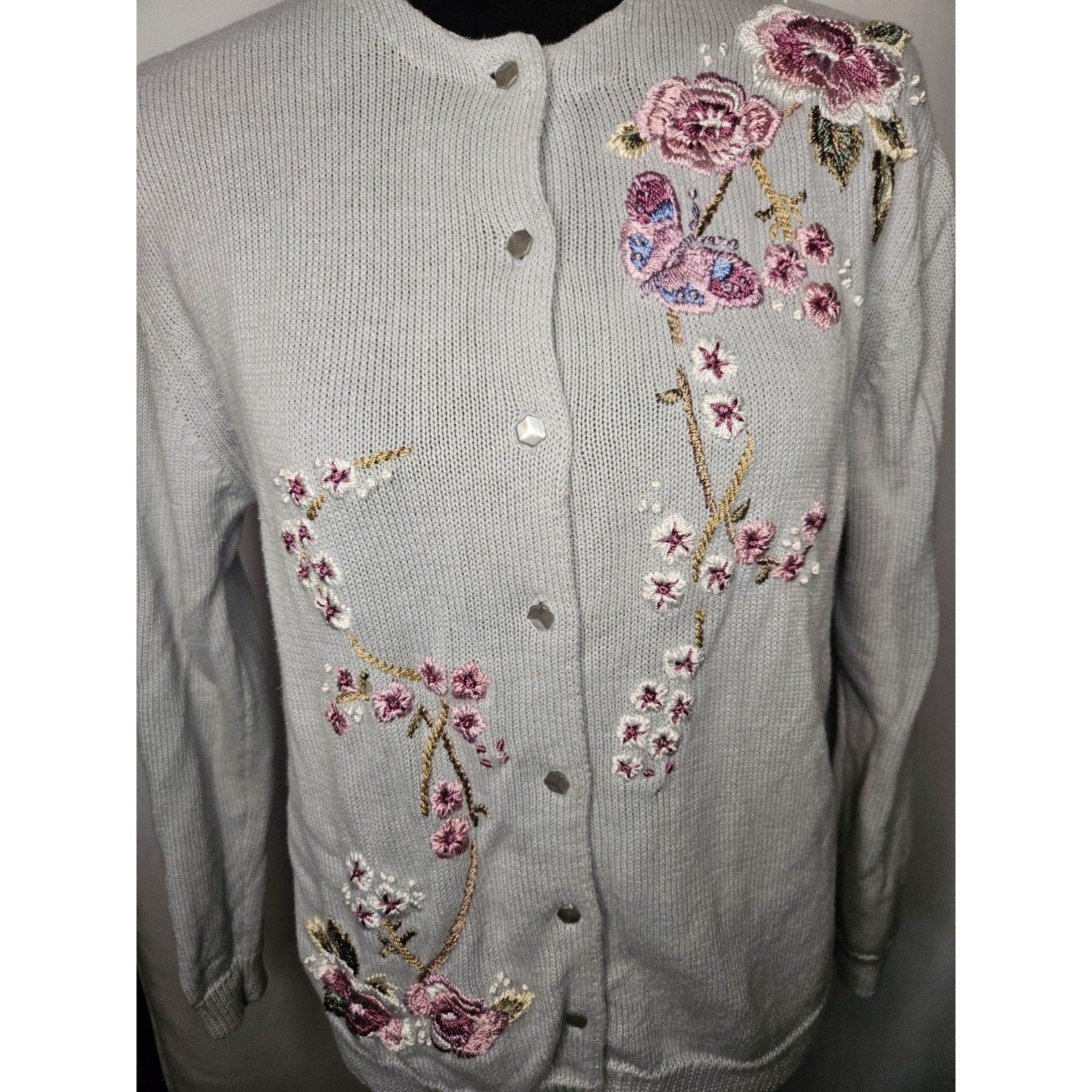 Vtg Heirloom Collectibles Embroidered Floral Cardigan Sweater Medium Cottage