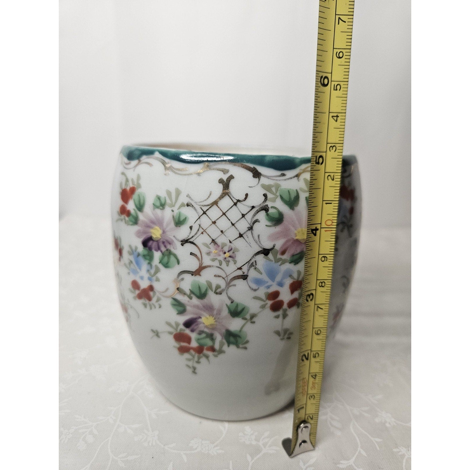 Vintage LJ Japan Ginger Jar Style Vase Art Nouveau Floral Gold Accents 4.5" Tall