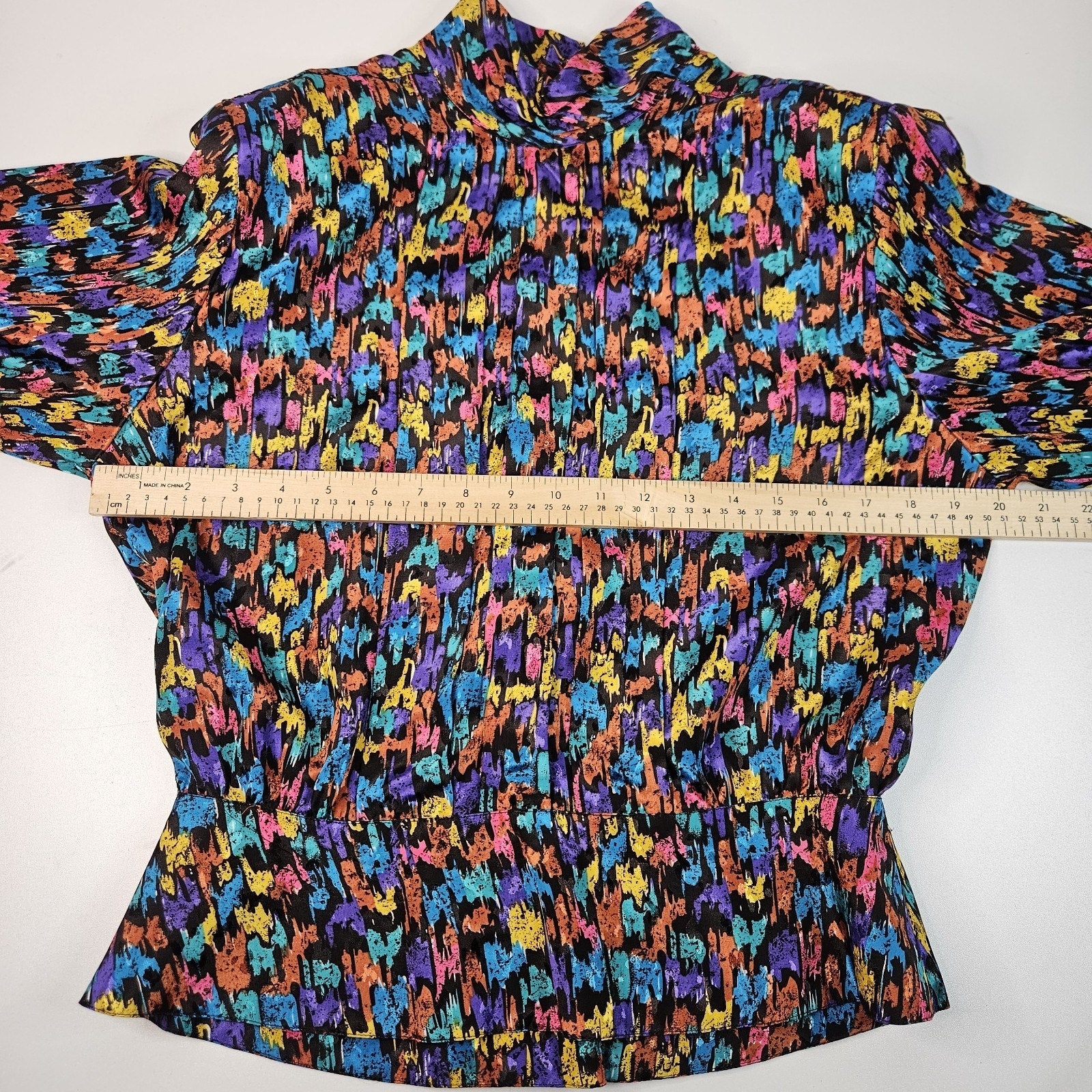 Vintage 80s Blouse Long Sleeve Colorful Geometric Pattern Button Size 12 Large