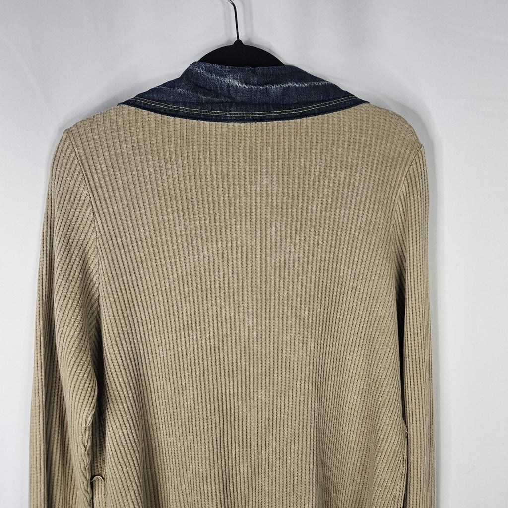 Fenini Khaki Cotton Waffle Knit Tunic Cardigan Sweater SZ XL Patchwork Boho