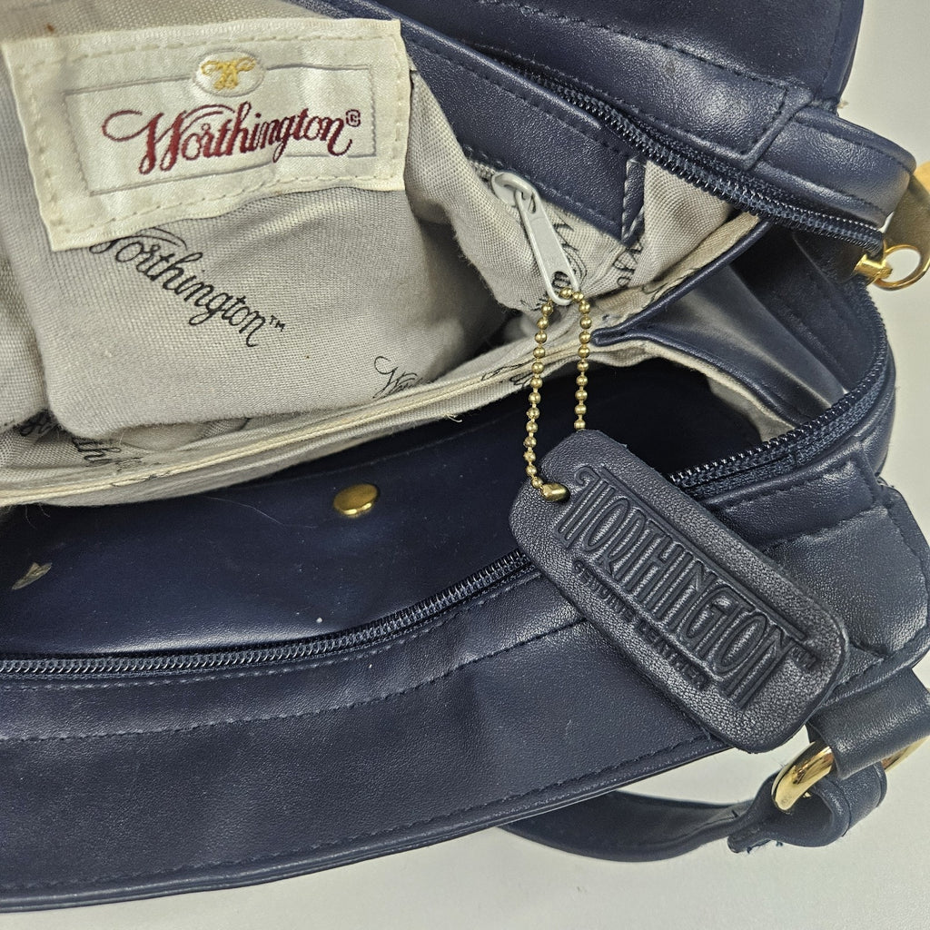 Vintage Worthington Navy Blue Leather Lambskin Shoulder Bag Purse Classic 90s