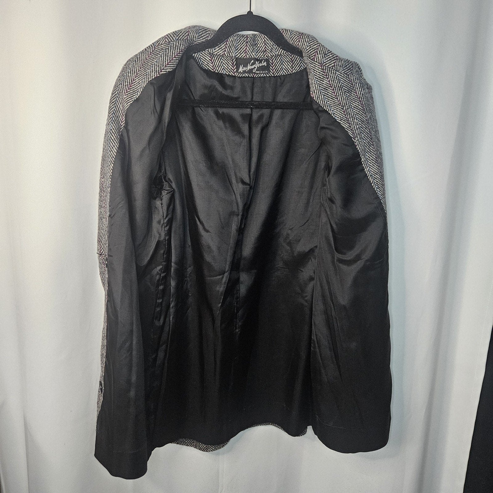 Vtg 80s Herringbone Double Breasted Tweed Over Coat Miss New Yorker Size Large