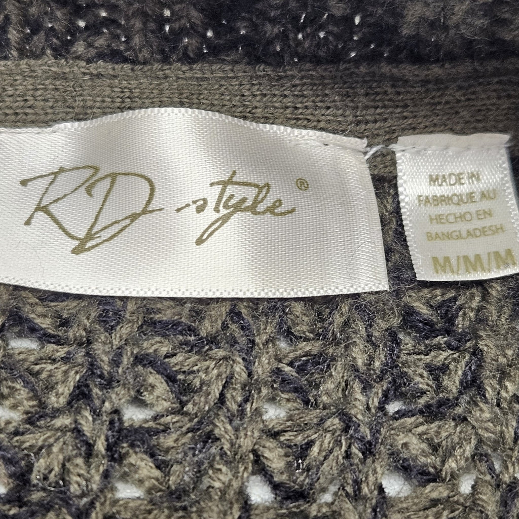 RD Style Olive Green Black Knit Sweater Open Cardigan Medium Grunge Boho Pockets