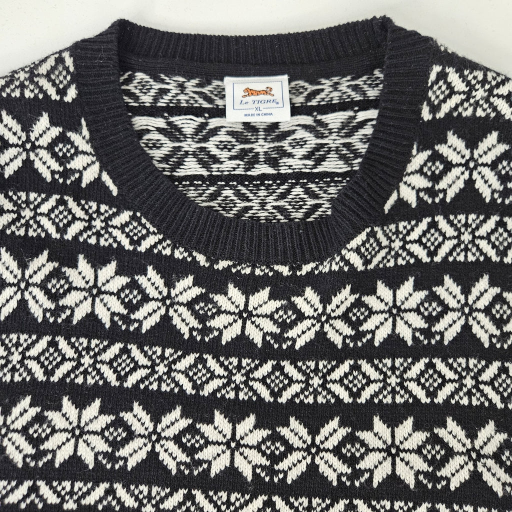 VTG Le Tiger Womens XL Pullover Black White Fair Isle Knit Sweater Holiday