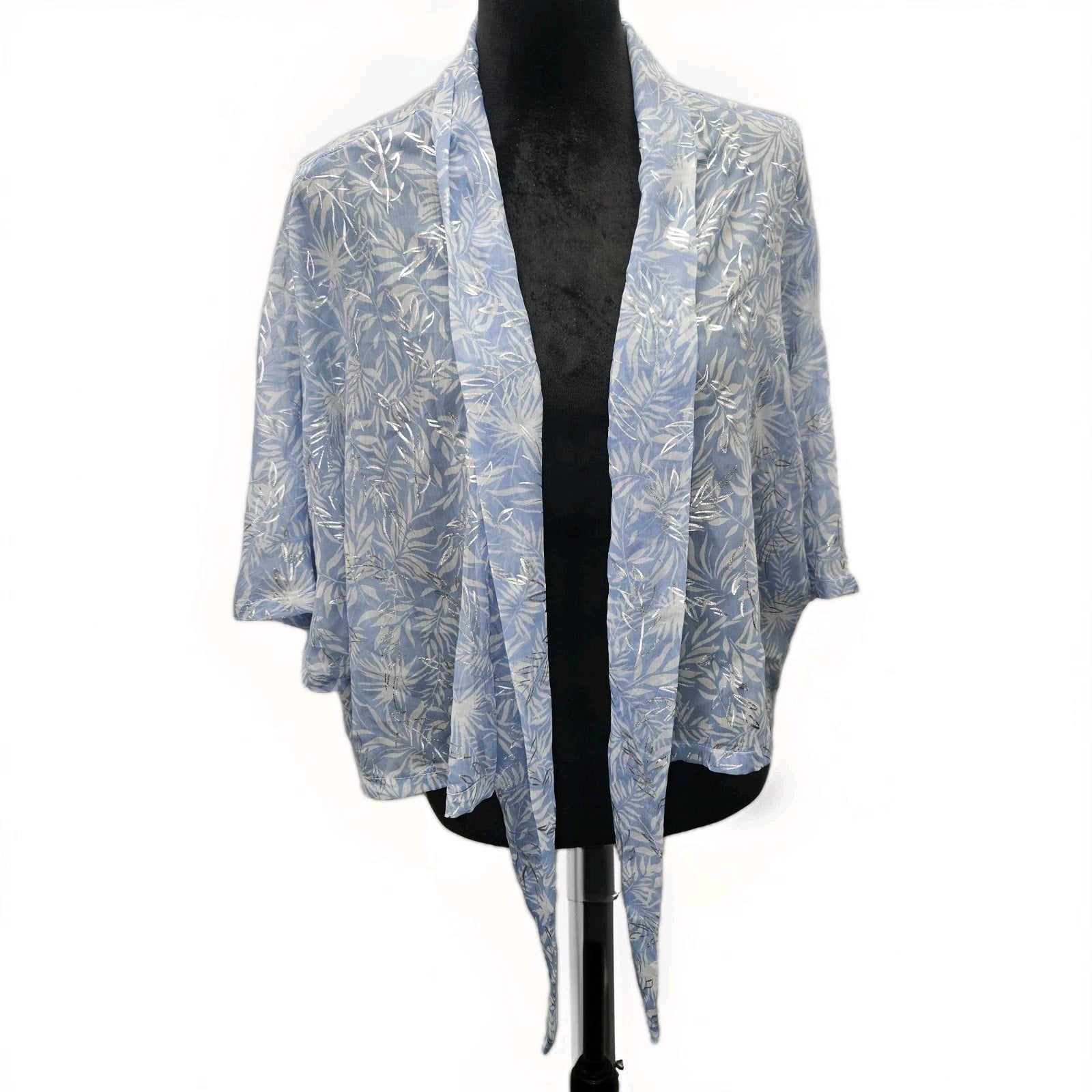 Vince Camuto Kimono Top Tropical Print Sheer Kimono Jacket Tie Waist Blue NWT OS