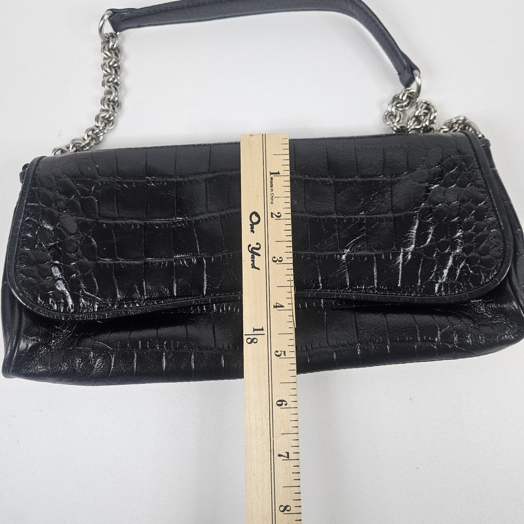 Anne Klein Black Faux Croco Embossed Leather Flap Chain Strap Purse Shoulder Bag