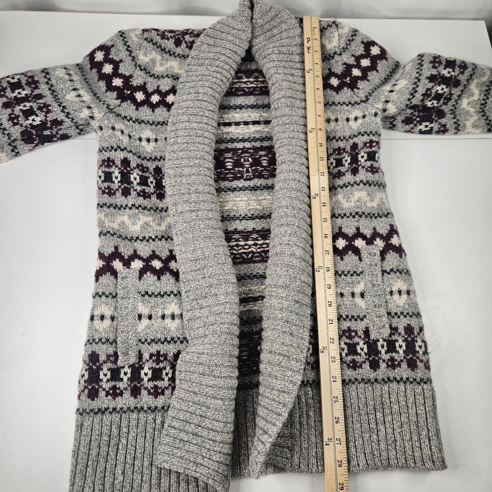 L.L. Bean Lambswool Cardigan Fair Isle Gray Long Women’s Medium Ski Heavy Winter
