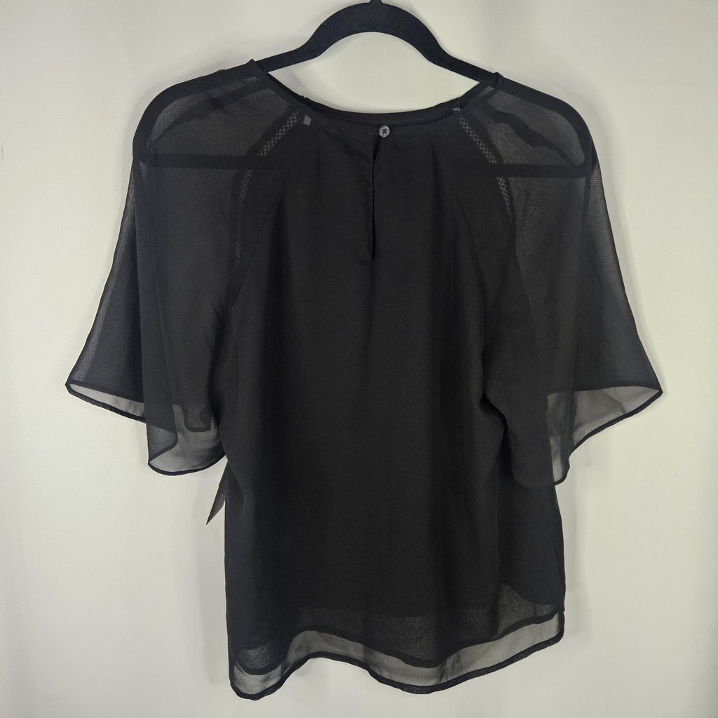 Halogen Top NWT Black Sheer Short Sleeve Crochet Trim Pullover Women's Size M