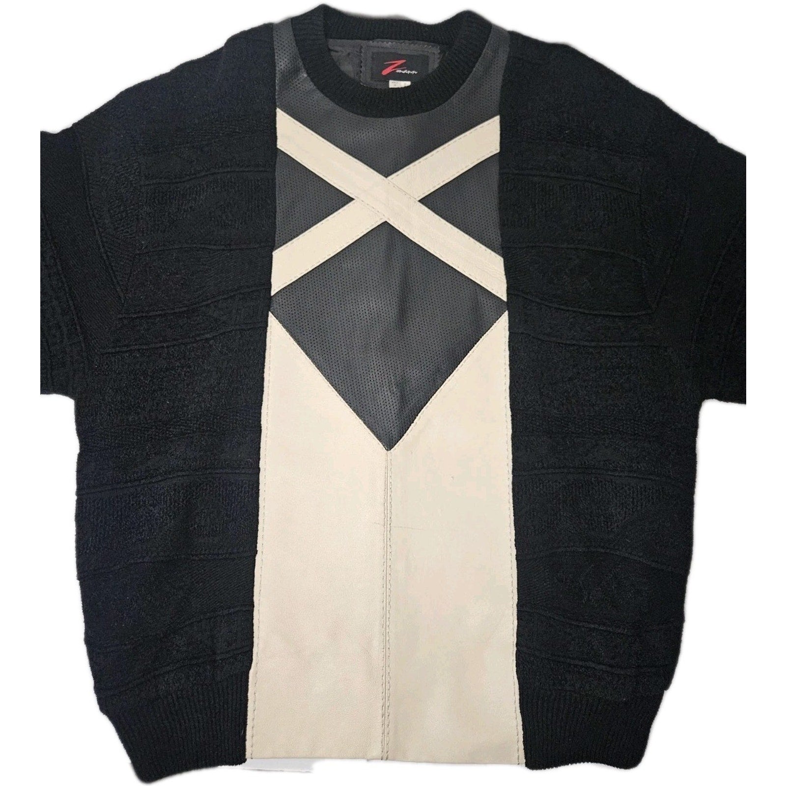 Vintage ZMANN Mens Large Leather Knit Colorblock Knit Sweater 80s Heavy Weight