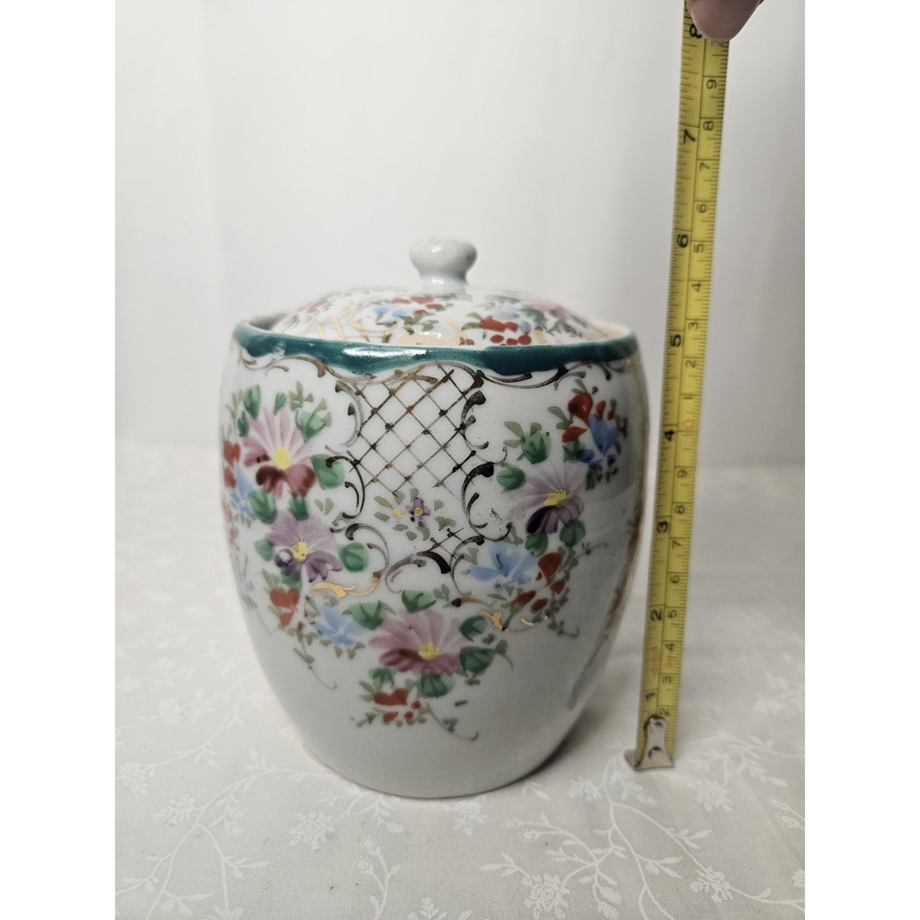 Vintage LJ Japan Ginger Jar Style Vase Art Nouveau Floral Gold Accents 4.5" Tall