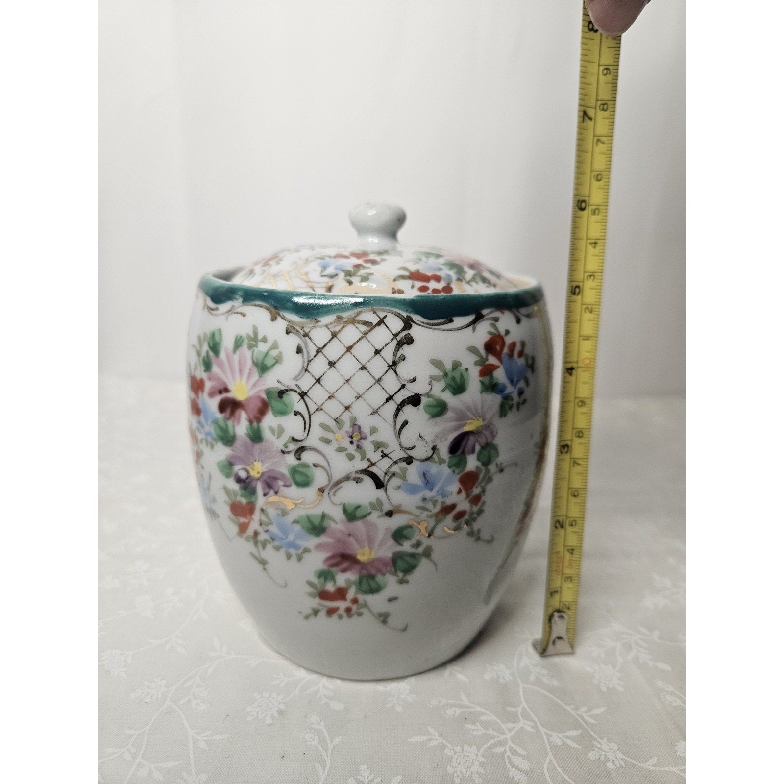 Vintage LJ Japan Ginger Jar Style Vase Art Nouveau Floral Gold Accents 4.5" Tall