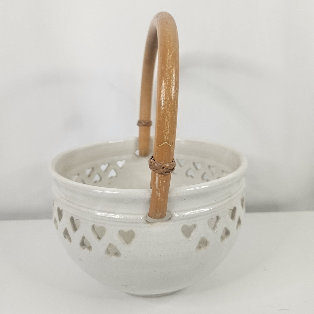 Vtg Heart Pottery Basket Wood Handle Wrapped 5" Ceramic Bowl Trinket Decorative