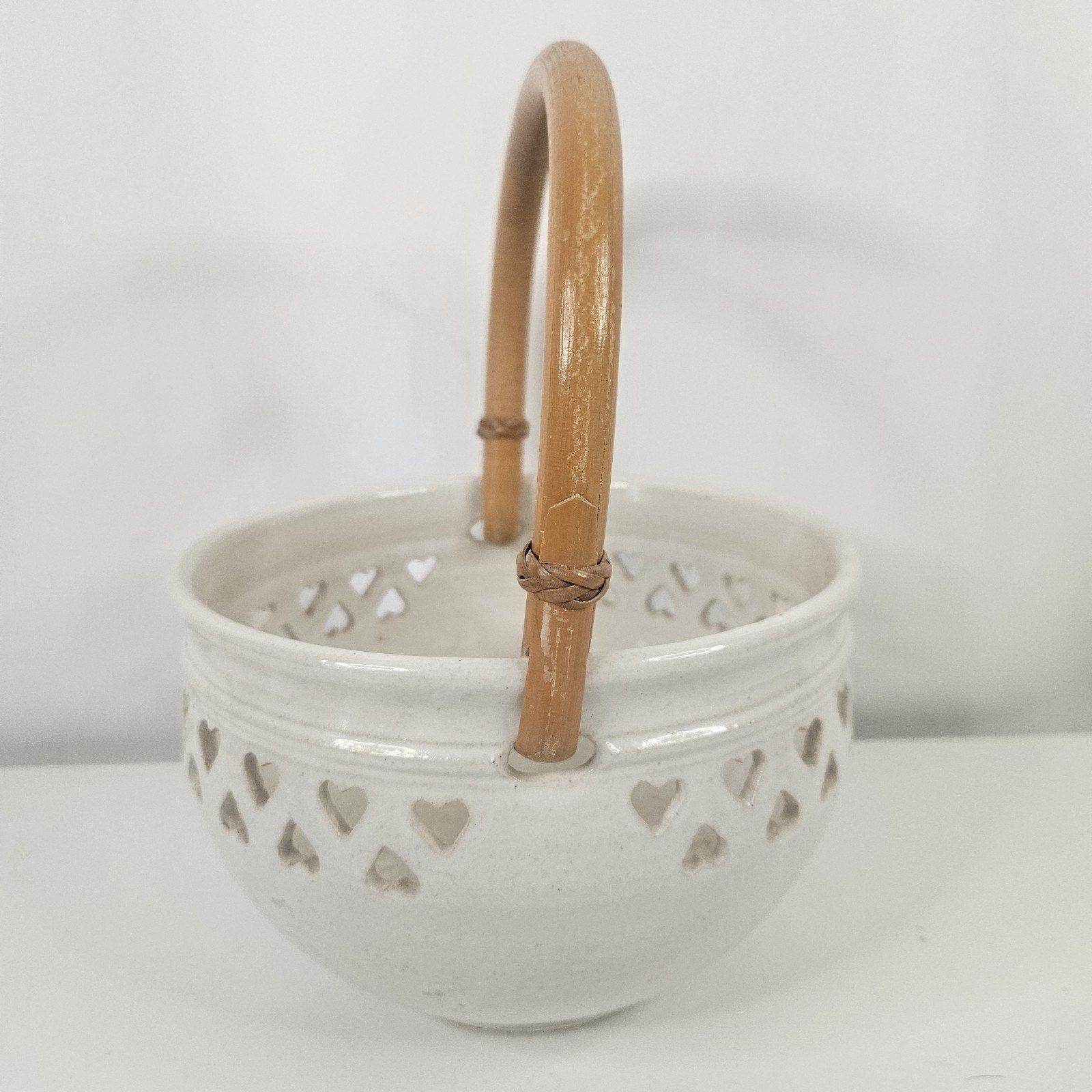 Vtg Heart Pottery Basket Wood Handle Wrapped 5" Ceramic Bowl Trinket Decorative