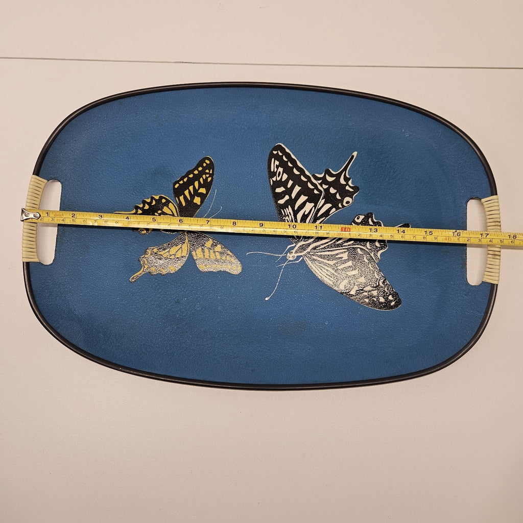 Vintage Handpainted Oval Butterfly Tray With Handles 18"x12" Blue Retro Boho