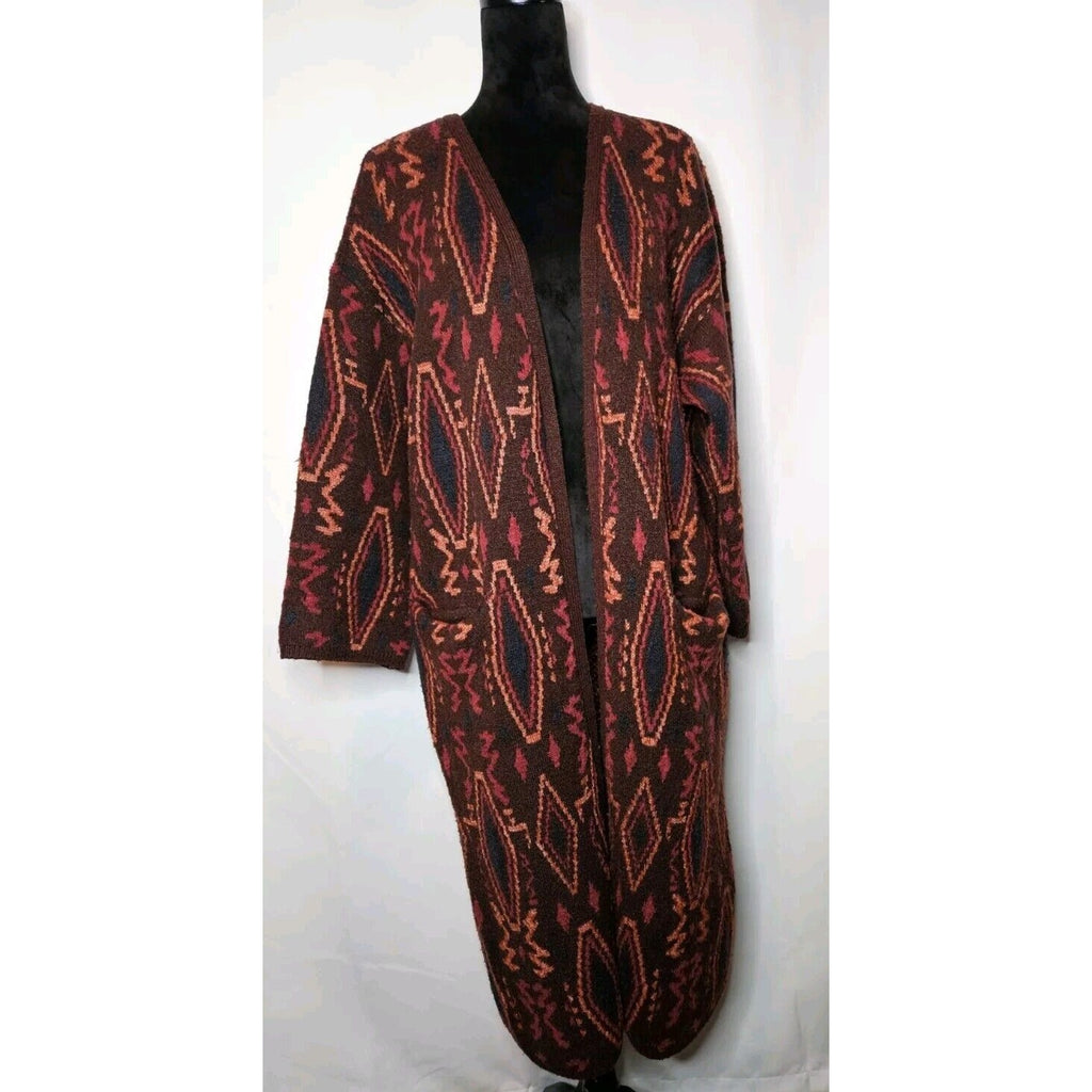 Willow & Clay Jacquard Long Cardigan Burgundy Aztec Southwestern Tribal Sweater