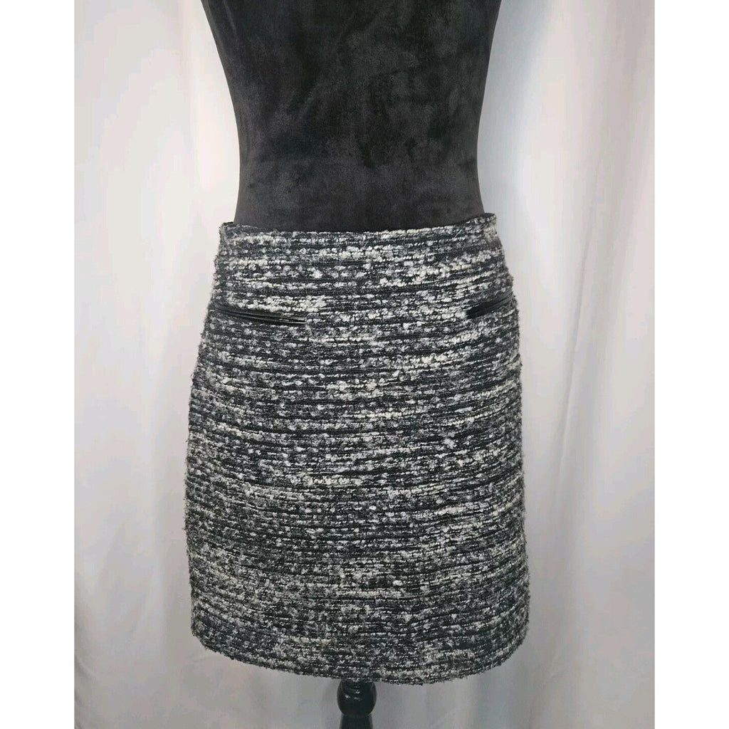 Ann Taylor Black White Wool Blend Skirt Faux Leather Pocket Trim Size 4P