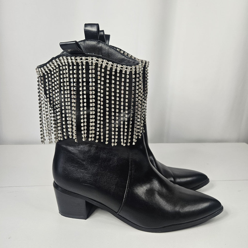 Embellished Rhinestone Fringe Black Edgy Western Boots 8.5 M Cowgirl Rodeo Glam