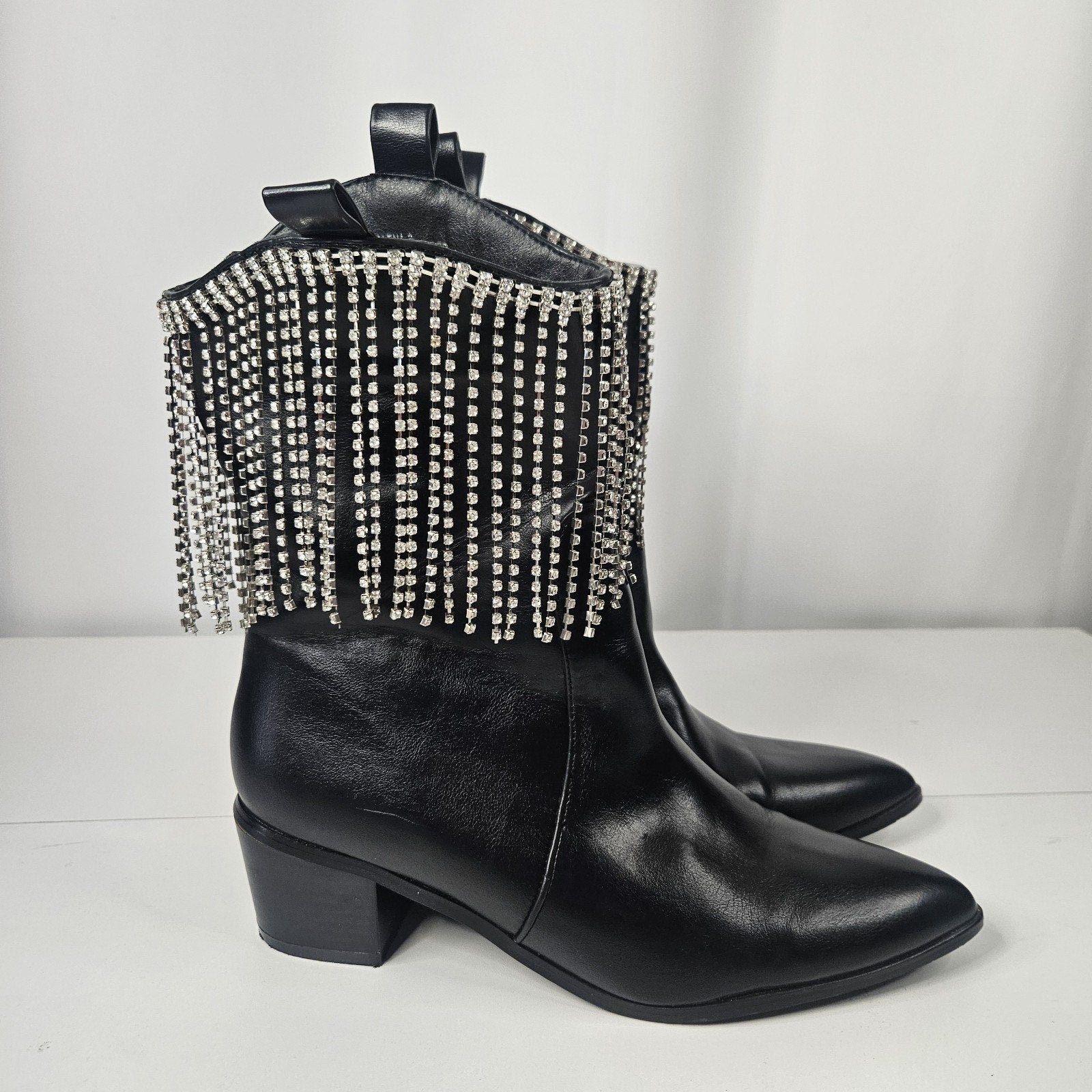 Embellished Rhinestone Fringe Black Edgy Western Boots 8.5 M Cowgirl Rodeo Glam