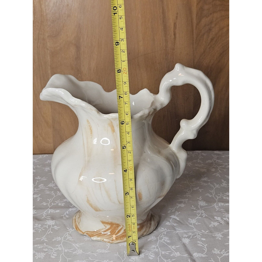 Vintage 80s Handmade Ceramic Cream & Orange 7.5" Pitcher & Bowl 9" Set Swirls