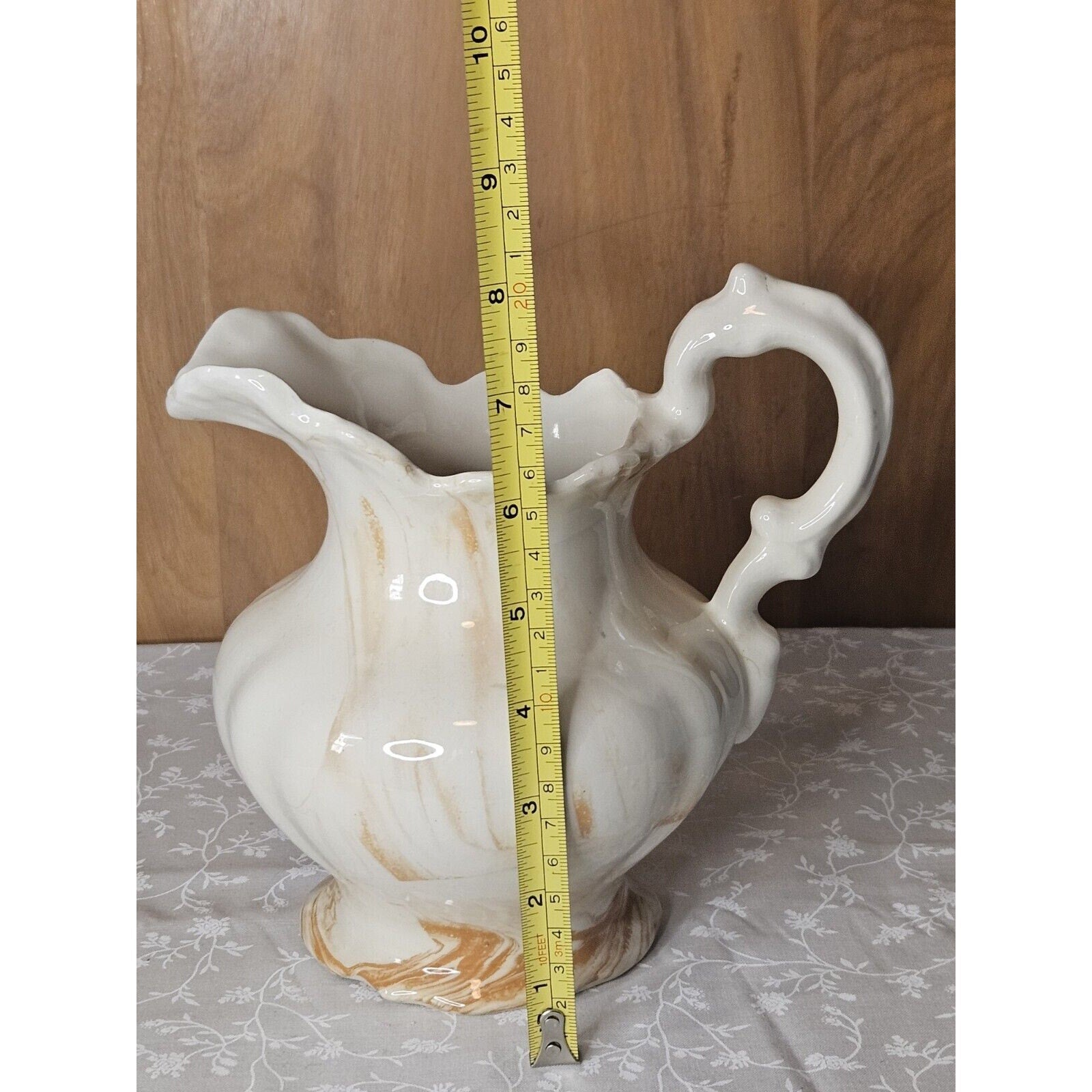 Vintage 80s Handmade Ceramic Cream & Orange 7.5" Pitcher & Bowl 9" Set Swirls