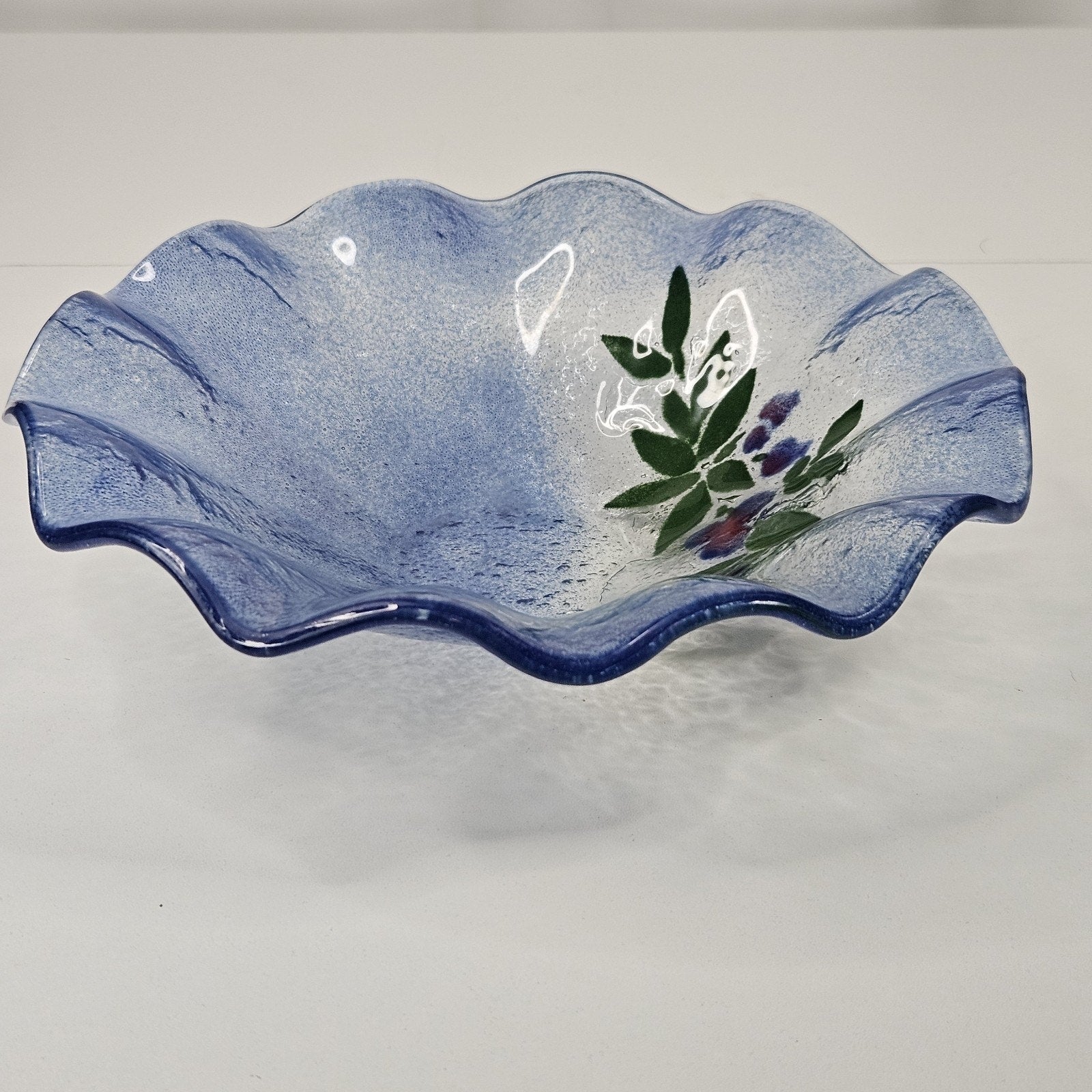 VINTAGE Hand Made Flower Pattern Fused Glass Textured Bowl Dish Ruffled Edge