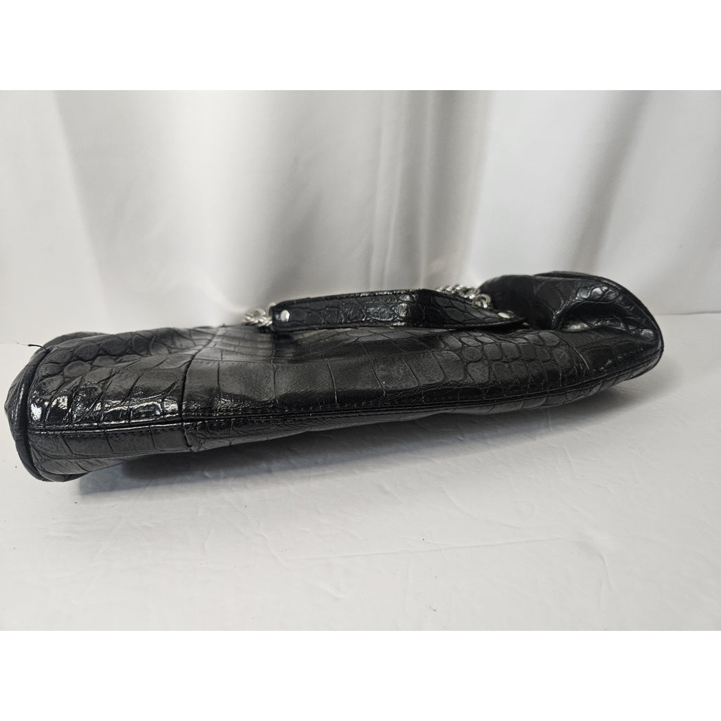 Aphorism Black Clutch Purse Faux Leather Crocodile Design Chain Strap